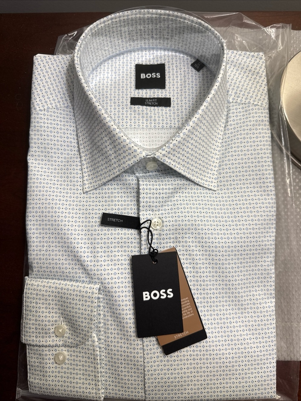 BOSS White Dress Shirt with Blue Microprint 15.5/34